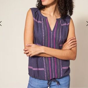 White Stuff Sunrise embroidered notched neck
cotton womens sleeveless top Medium